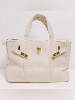 NEW! BOATKIN Cream Canvas Tote Bag with Gold Hardware with lock and key